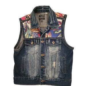 Agile Denim Womens Medium Distressed Jean Vest Colorful Paisley Boho Festival